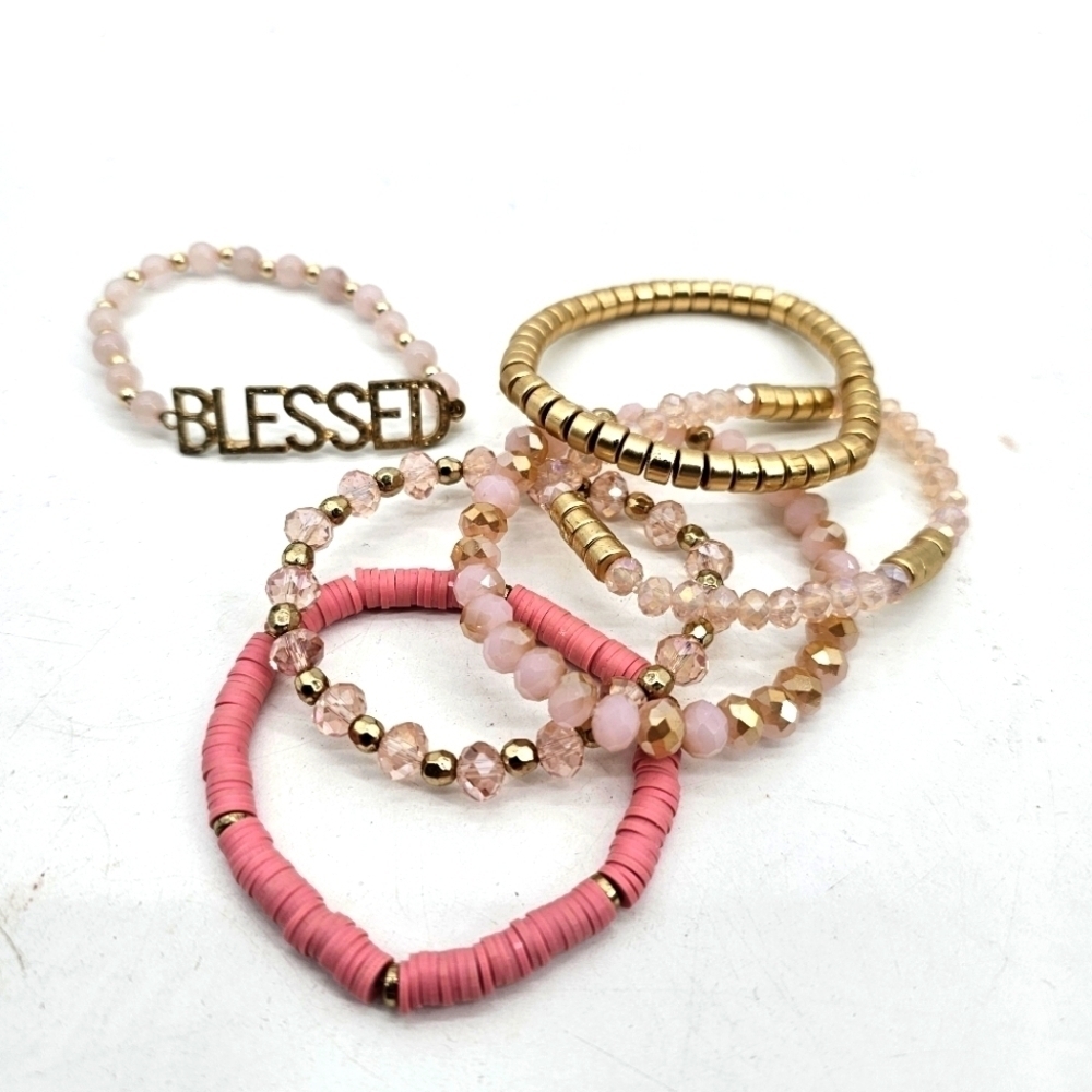 Blessed Pink & Gold Toned Beaded Bracelet Stack Bundle